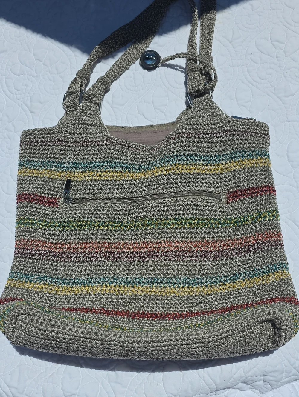 The Sak Belle Voyager Stripe Crochet Boho Hobo Shoulder Bag EUC